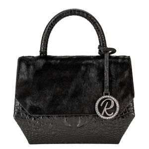 Raviani Designer Top Handle Bag Black Furry Leather‎ Alligator Embossed Purse